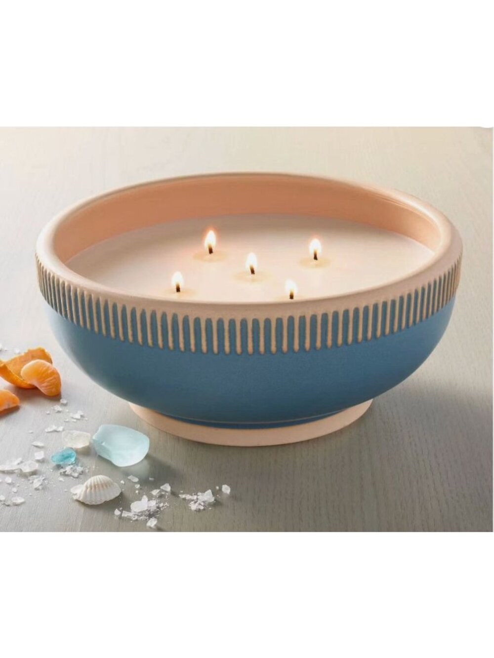 Hearth & Hand Sun & Citron Scented Candle 20 Oz Ceramic Bowl Blue & Beige - Picture 2 of 6